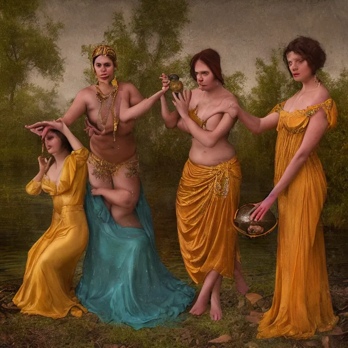 Image similar to a color photograph, closeup portrait of three women wrapped in gold, the three fates, standing next to a levitating turquoise orb, in a misty pond, color photograph, by vincent desiderio, canon eos c 3 0 0, ƒ 1. 8, 3 5 mm, 8 k, medium - format print