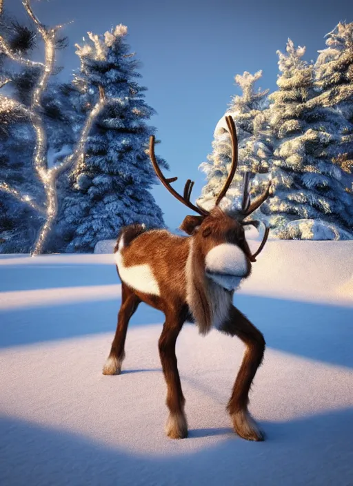 Image similar to A small reindeer sitting on a green throne in the middle of Egypt in the snow, unreal 5, hyperrealistic, octane render, dynamic lighting