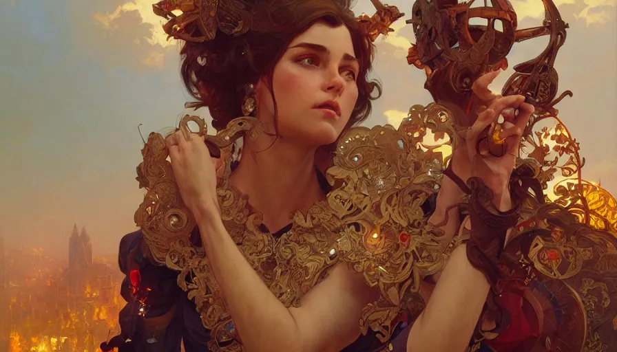 Image similar to carnivale, perfectly-centered-Portrait, action pose, intricate, highly detailed, digital painting, artstation, concept art, smooth, sharp focus, illustration, Unreal Engine 5, 8K, art by artgerm and greg rutkowski and alphonse mucha