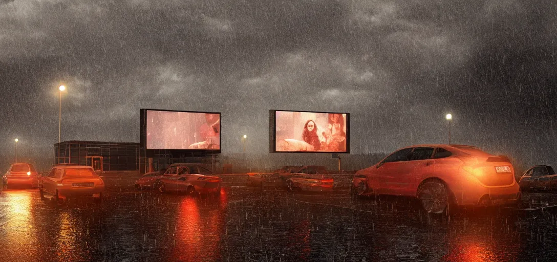 Prompt: Look of small outdoor crowdfunded drive-in cinema, rain, night, noire moody scene, digital art, 8k, moody details