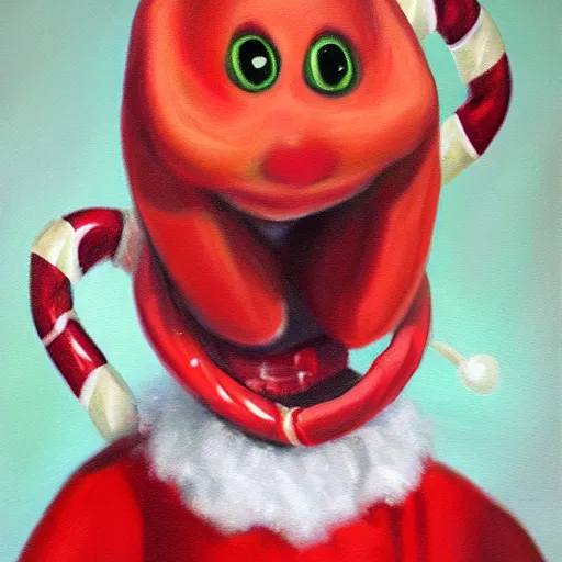 Image similar to hype realistic oil painting of an anthropomorphic shrimp holding a candy cane