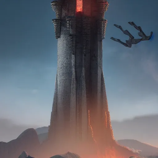 Image similar to one gigantic brutalist ancient tower, a detailed structure with at the top 3 spires in form of a trident, 1 0 0 0 meters tall set against sunlit, surrounded by smoke, mountains and a huge old city, 8 k, volumetric lighting, cinematic composition, octane render, dark surrealism, highly detailed by peter mohrbacher