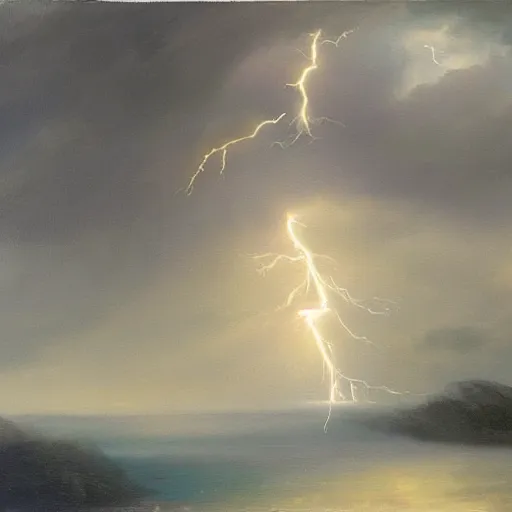 Image similar to thunderstorm with lots of lightning, oil painting