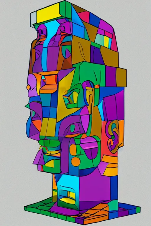 Image similar to cubist moai statue cutout digital illustration cartoon colorful beeple