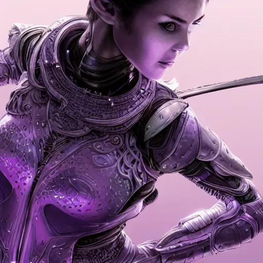 Image similar to close up portrait of julia fox in smooth purple sci - fi armor, long black ponytail, elegant, intense, woman, an ultrafine hyperdetailed illustration by kim jung gi, irakli nadar, intricate linework, sharp focus, bright colors, octopath traveler, final fantasy, unreal engine 5, global illumination, radiant light