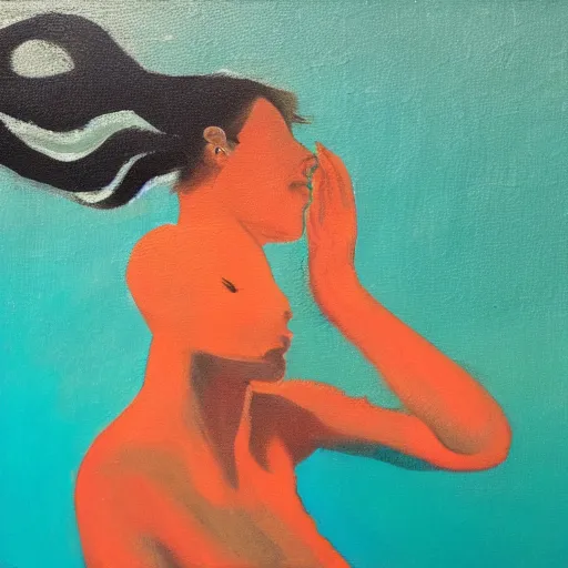 Prompt: beauty silhouette drowning in a turquoise wavy sea, feminine, healing, appeasing, waves, tsunami, she loves another one, mental health, oil painting, by francis bacon, emotional conflict, hd, 8 k, trending on artstation, paradoxal, perfect framing, neo - expressionism, expressive