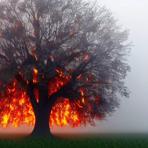 Prompt: a flaming oak tree in an open field with fog, horror, ultrarealism, 8k