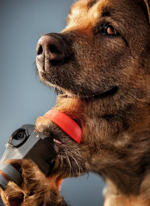 Prompt: closeup portrait of a hunting terrier smoking a cigare, depth of field, zeiss lens, detailed, centered, by Annie Leibovitz and Steve McCurry, David Lazar, Jimmy Nelsson, Breathtaking, 8k resolution, extremely detailed, beautiful, establishing shot, artistic, hyperrealistic, beautiful face, octane render