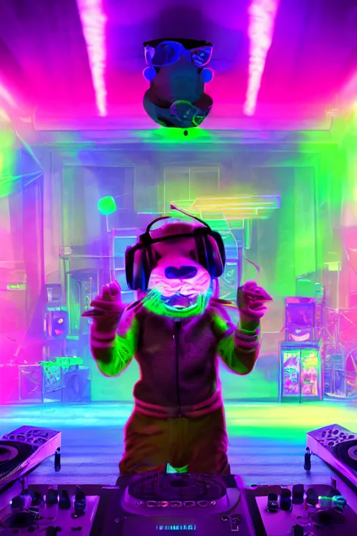 Image similar to stuffed animal DJ at a rave, glowsticks, dramatic lighting, cinematic, establishing shot, extremely high detail, foto realistic, cinematic lighting, post processed, concept art, high details, cinematic, 8k resolution, beautiful detailed, photorealistic, digital painting, artstation, concept art, smooth, sharp focus, artstation trending, octane render, unreal engine