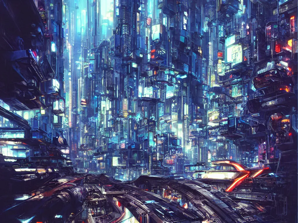 Prompt: hyperrealistic painting of a slice of life from a futuristic city, mechanical designs, night, technological, meticulous engineering, cinematic, sharp focus, cyberpunk style, highly detailed, realism, digital art, 8 k resolution, concept art, by noriyoshi ohrai, john berkey