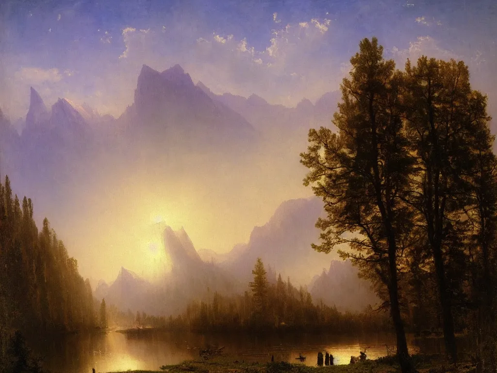 Image similar to a beautiful landscape painting by alfred bierstadt, trending on arstation