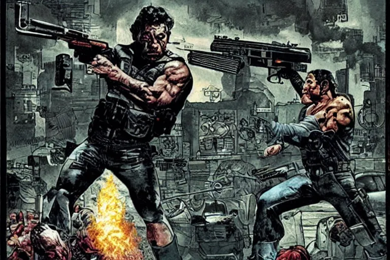 Prompt: javier bardem as the punisher blasts a cacodemon with a shotgun, rick berry, norman rockwell, jason fabok, greg staples, jack kirby