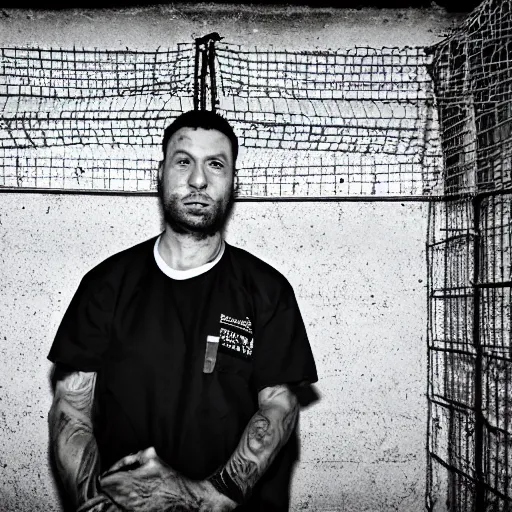 Prompt: realistic portrait of a prisoner wearing a black snow hay and q orange tshirt, inside an underground prison, flash photography