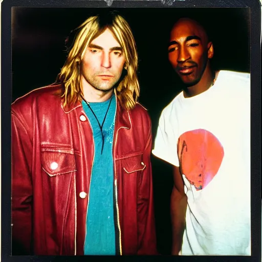 Image similar to Polaroid photograph of Kurt Cobain and Tupac Shakur in a club, blurry, XF IQ4, 150MP, 50mm, F1.4, ISO 200, 1/160s, natural light, Adobe Lightroom, photolab, Affinity Photo, PhotoDirector 365,