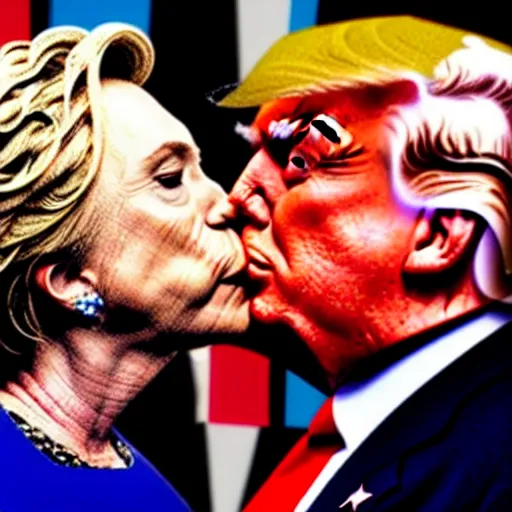 Image similar to realistic portrait of Donald trump kissing Hillary Clinton, hyperrealistic