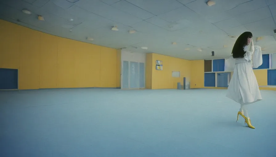 Image similar to 60s movie still of a white female japanese phantom in an empty yellow tiles ballroom with light blue beds, cinestill 800t 35mm technicolor, heavy grain, high quality, higly detailed, liminal space style