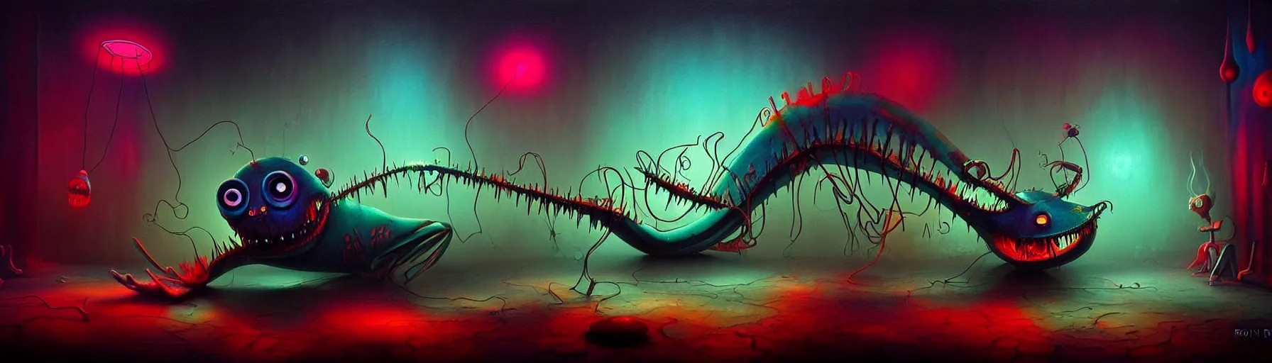 Image similar to strange whimsical demon plankton from the depths of the collective unconscious, dramatic lighting, detailed and atmospheric surreal darkly colorful painting by ronny khalil