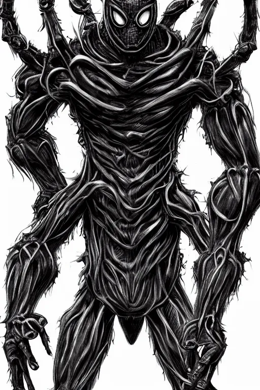 Image similar to spider humanoid figure monster, symmetrical, highly detailed, digital art, sharp focus, trending on art station, kentaro miura manga art style