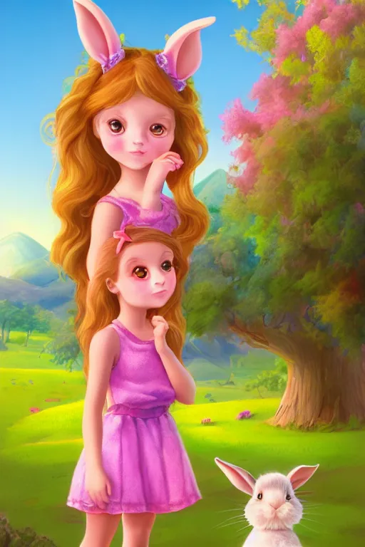 Image similar to matte sharp painting cute little girl and rabbit landscape painted by mark rydel artstation behance storybook lisa frank