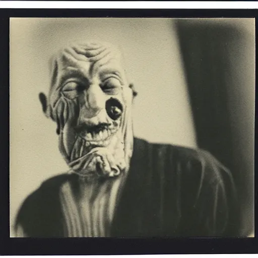 Image similar to a realistic polaroid photo of an old man after a failed experiment inside a laboratory, the head of the old man is burned, cosmic horror