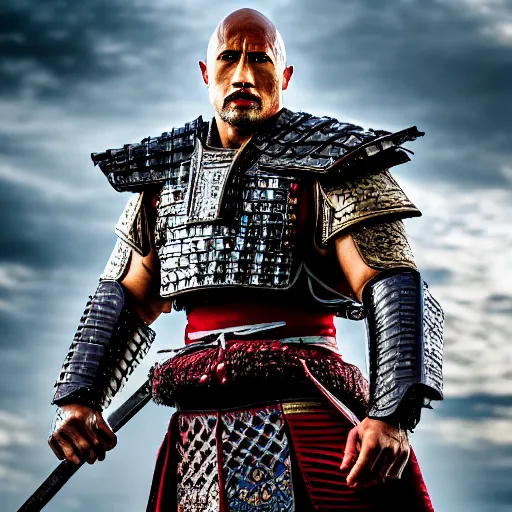 Prompt: asian dwayne johnson as a noble samurai paladin in shining armor, intricate fractal armor, cinematic, studio photography, high detail, ultra high detail, 4 k, hdr, 8 k