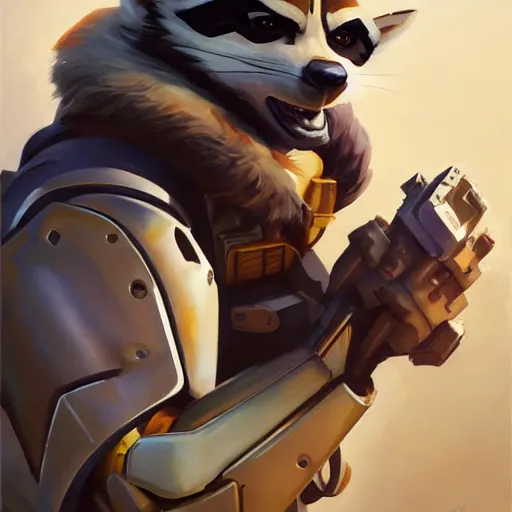 Prompt: greg manchess portrait painting of armored rocket raccoon as overwatch character, medium shot, asymmetrical, profile picture, organic painting, sunny day, matte painting, bold shapes, hard edges, street art, trending on artstation, by huang guangjian and gil elvgren and sachin teng