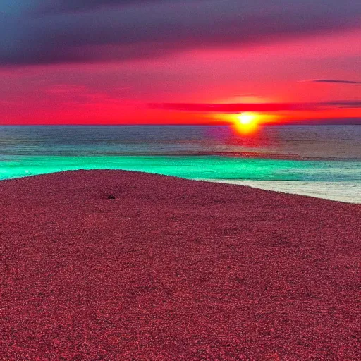Image similar to purple refrigerator on red sand with green ocean and black sunset
