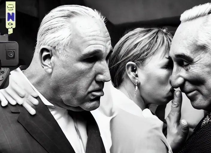 Image similar to highly detailed ultra realistic gopro shot of alex jones smooching roger stone