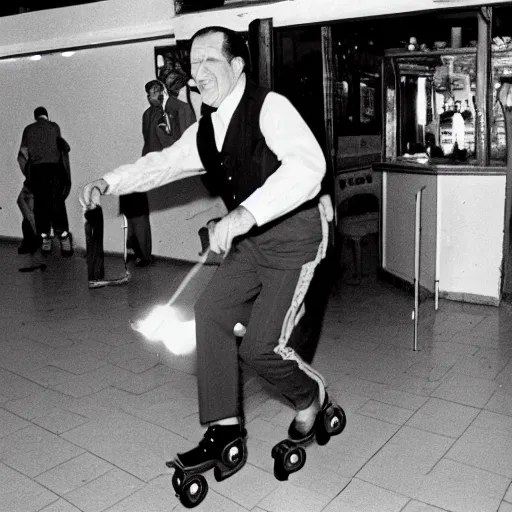 Image similar to Photo of President Nixon rollerblading in a Mexican restaurant, award-winning front-page newspaper, grainy, 1970s