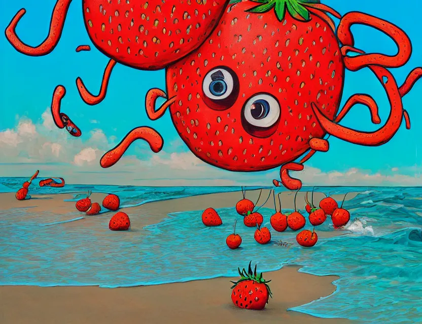 Image similar to a funny painting with rough brush of a lazy red burned tomato with googly eyes on a beach, big piles of strawberry icecream surfing, a sunset by james jean