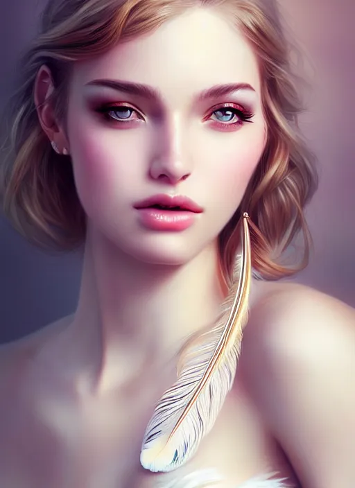 Image similar to a gorgeous female photo, professionally retouched, soft lighting, wearing a feather dress, realistic, smooth face, perfect eyes, wide angle, sharp focus on eyes, 8 k high definition, insanely detailed, intricate, elegant, art by artgerm and wlop