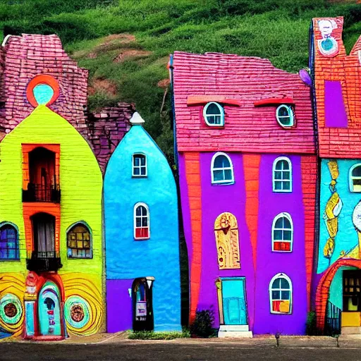 Image similar to a phantasy village with colorful buildings designed by Tim Burton