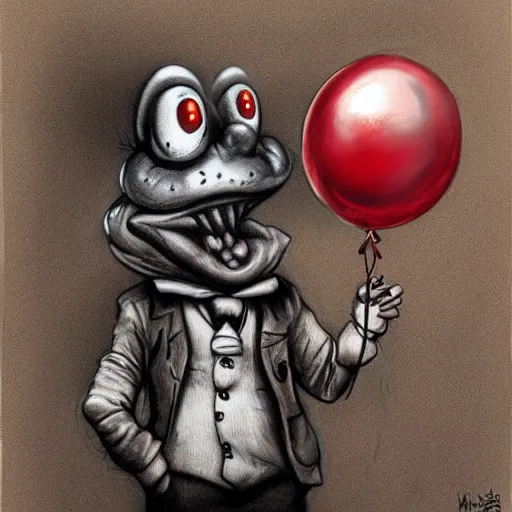 Image similar to surrealism grunge cartoon portrait sketch of a frog with a wide smile and a red balloon by - michael karcz, loony toons style, pennywise style, horror theme, detailed, elegant, intricate