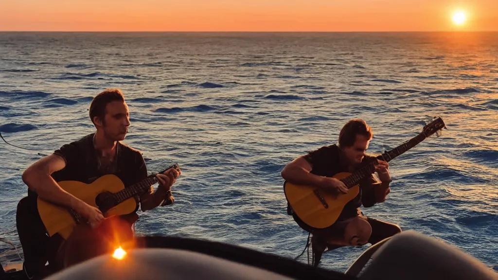 Image similar to a movie still of a man playing guitar on the roof of a car driving through the ocean at sunset, golden hour