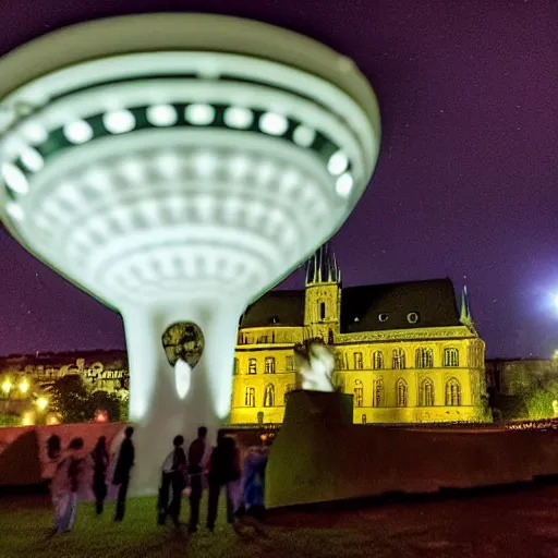 Image similar to ufo landing at the prague castle during the night, large flying saucer, dslr photography, aliens, volumetrics