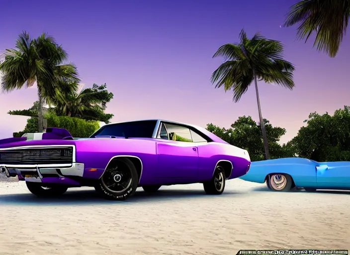 Prompt: hyperrealism, detailed textures, photorealistic 3 d render, a dreamy beach in cuba, a 1 9 7 0 hemi charger with plum crazy purple colour scheme, mickey thompson tires, centrerline rims, sharp focus, ultra realistic, ultra high pixel detail, cinematic, intricate, cinematic light, concept art, illustration, art station, unreal engine 8 k