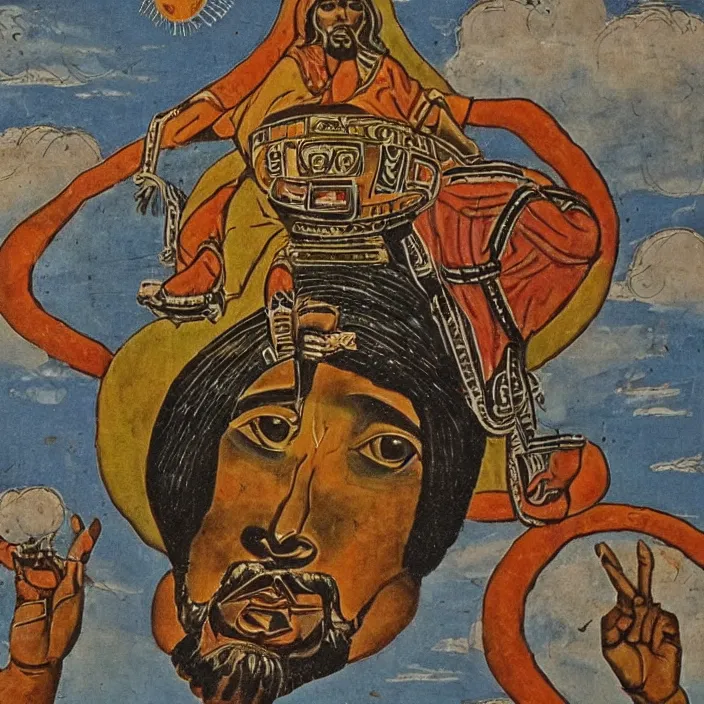 Prompt: UFO hovering over an African Jesus , clouds, in the style of Nigerian truck art (Eagle & Snake, Kano),