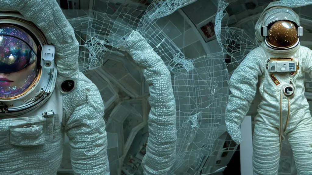 Image similar to a single astronaut eva suit made of diamond 3d fractal lace iridescent bubble 3d skin and covered with insectoid compound eye camera lenses floats through the living room, film still from the movie directed by Denis Villeneuve with art direction by Salvador Dalí, wide lens,