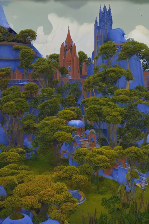 Image similar to view of the mysterious blue tower in its gardens after a storm, tall windows lit up, beautiful ornamental architecture, dramatic cinematic lighting, rich colors, by Nicholas Roerich and William Dyce and April Gornik and Sylvain Sarrailh and Ludwig Deutsch and Diego Rivera, unreal engine