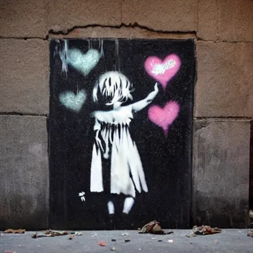 Image similar to exploding heart in several pieces, sadness, dark ambiance, by Banksy