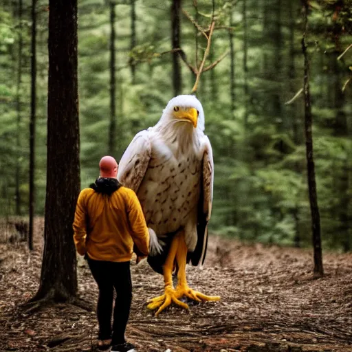 Prompt: creature consisting of a bald eagle and a human, golden hour, photograph captured in a forest