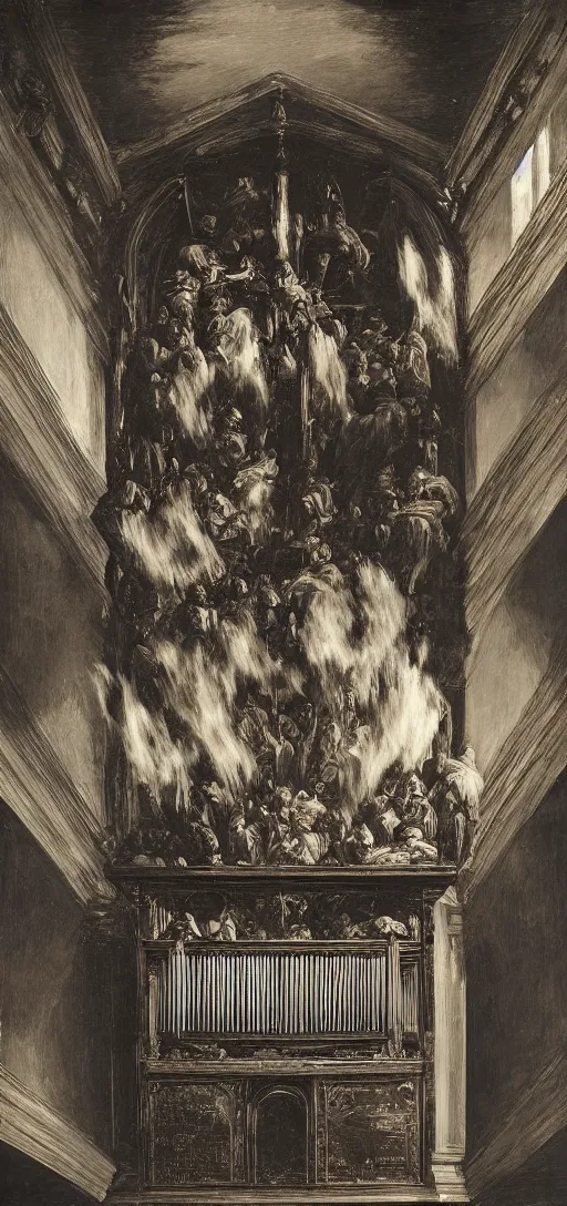 Image similar to a pipe organ made of multiple overlapping layers of dark smoke, style of goya and caravaggio