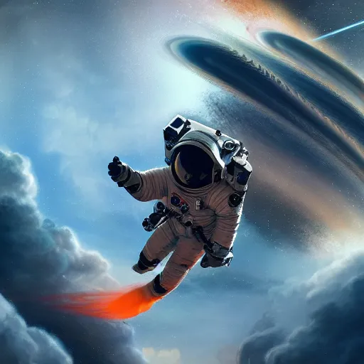 Prompt: burning astronaut falling through the majestic clouds of jupiter, by cedric peyravernay and feng zhu, highly detailed, excellent composition, cinematic concept art, dramatic lighting, trending on artstation