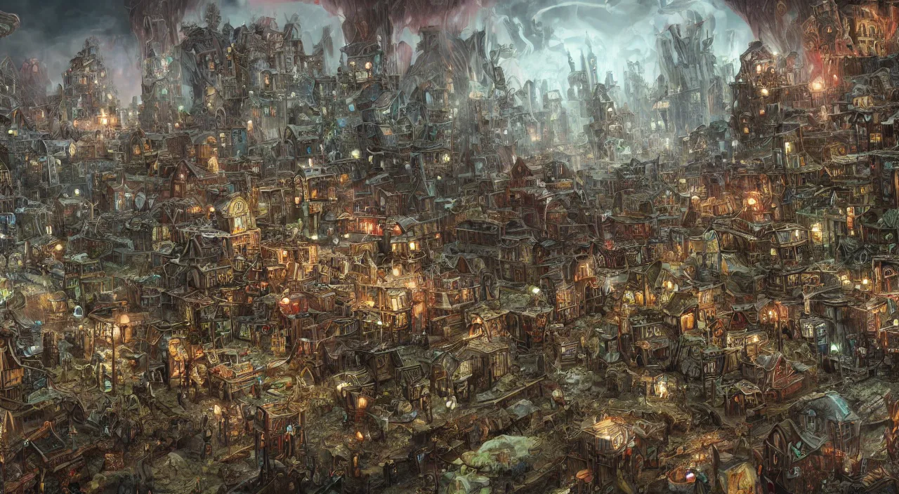 Image similar to lovecraftian town with living beings, large scale, breathtaking, mixed media, digital art, trending on artstation, 8k, epic composition, highly detailed, AAA graphics