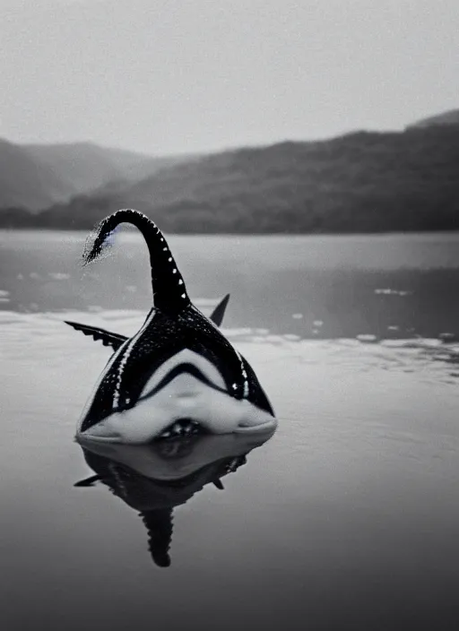 Image similar to a real life gyarados swimming in a lake, proof photograph, black and white, blurry, old camera, grainy, in motion