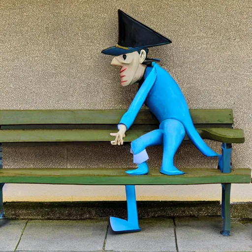 Image similar to pinocchio stuck on a bench with the long nose