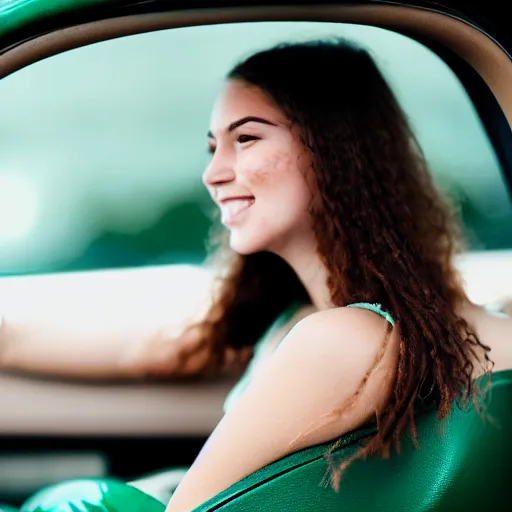 Image similar to beautiful selfie of a cute young woman with vivid emerald green eyes, sitting in her car, long bronze brown hair, flushed face, red blush, light freckles, big puffy lips, smiling softly, soft features, 8 k, sharp focus, instagram, portra 4 0 0