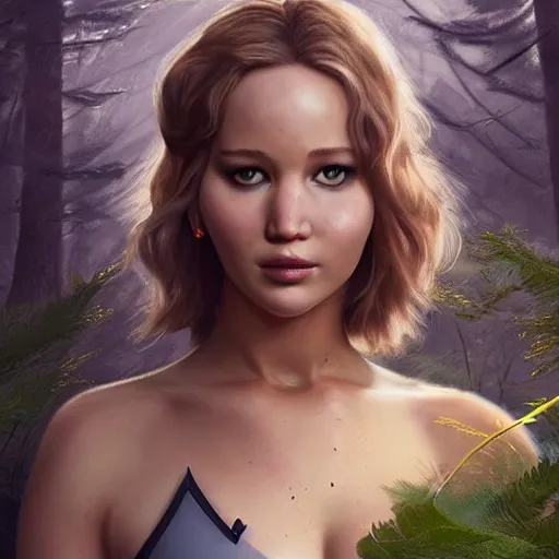 Image similar to a portrait of jennifer lawrence as a pokemon trainer, beautiful, in a dark forest, extremely detailed digital art, trending on artstation hyper realistic matte painting, pixar, by wlop, art germ