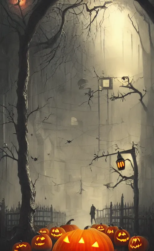 Image similar to a creepy and eery Halloween setting, with Jack o lanterns on the street and shadow figures lurking about, dynamic lighting, photorealistic fantasy concept art, stunning visuals, creative, cinematic, ultra detailed, trending on art station, spooky vibe