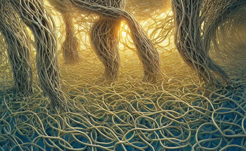 Prompt: interconnected human lifeforms, 2 human bodies connected by biomorphic vine connections, by peter gric, by artgerm, smooth gradients, vibrant colors, artstation, cgsociety, golden hour, cinematic lighting, 4 k, uhd, hdr